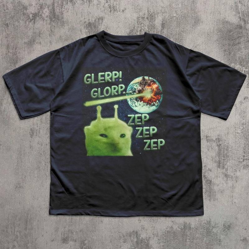 Glerp Glorip Funny Alien Cat Meme Printed Pure Cotton Fashionable and Comfortable Tshirt for Men Women Summer Mens Casual Top