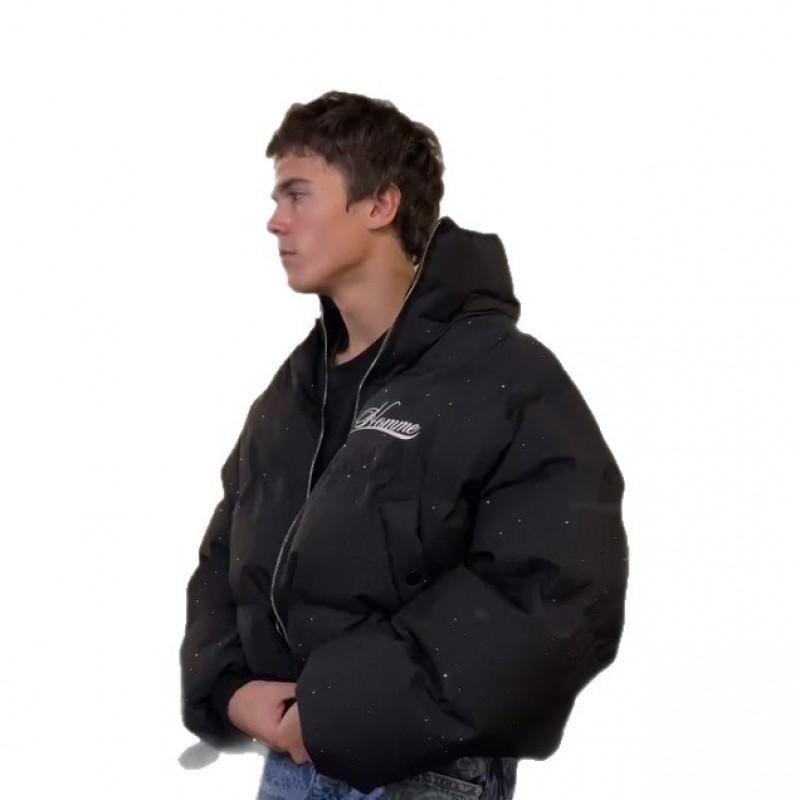 Womens Winter Cotton Puffer Jacket Zip-Up Hooded Thick Warm Streetwear Coat Black With Rhinestones