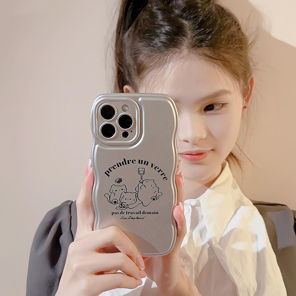 Cat Party Iphone15 Apple 14promax Mobile Phone Case 13 Silver Plated Suitable for 11 Cartoon 16 Wavy Edges