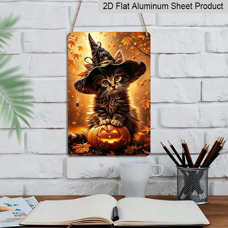 2D Flat, 1pc Autumn Maple Witch Kitty Halloween Aluminum Sign, Pumpkin Decorative Sign, Fun Decor, Halloween Artwork Wall Decor, Modern Wall Art, for