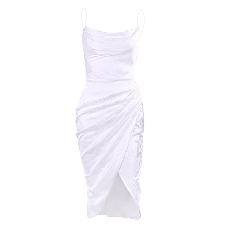 Popular dress, European and American sexy jacquard satin split-ended backless heap collar mid-dress dress