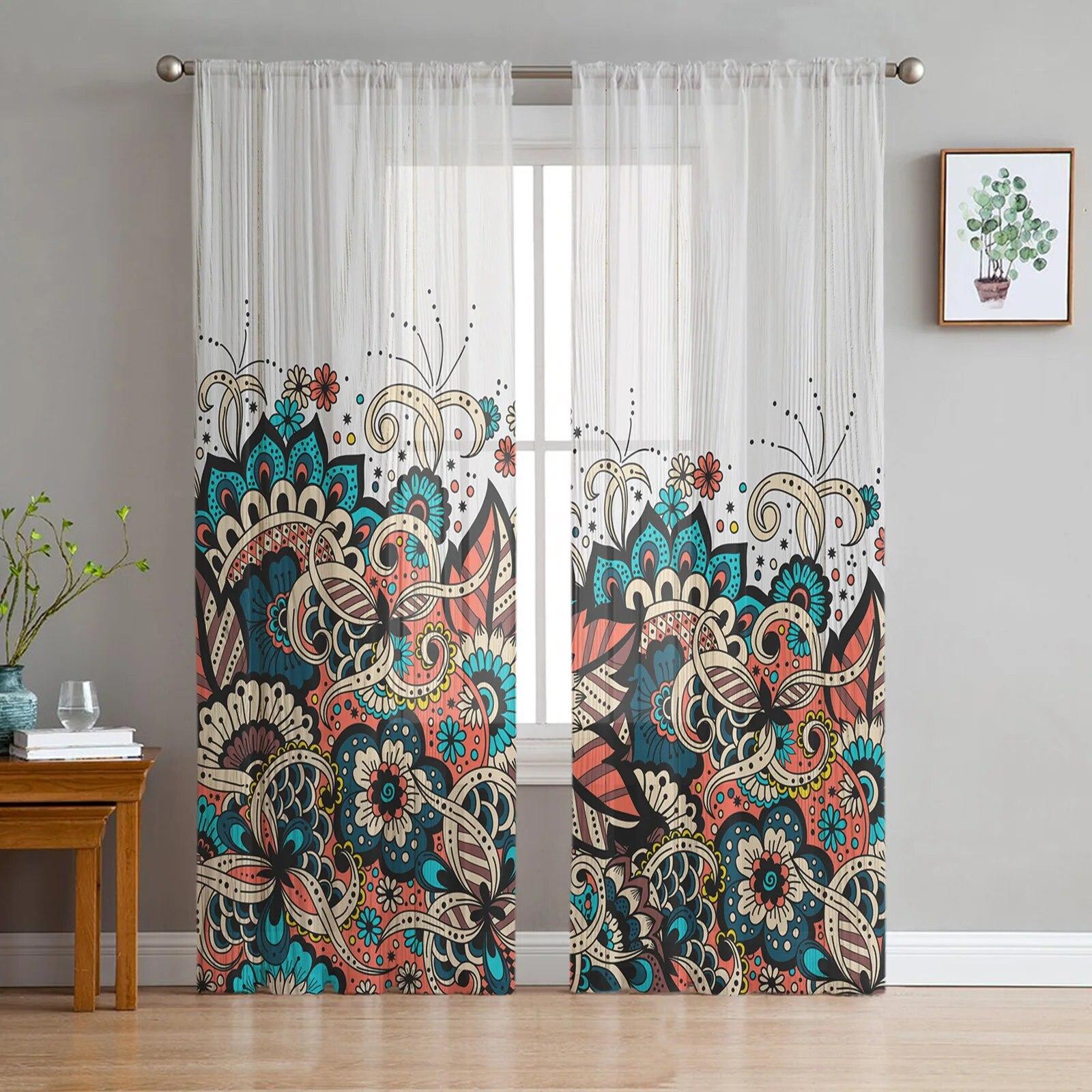 

Мандала богемный узор плитки прозрачные шторы для гостиной современная вуаль занавеска спальня тюлевые шторы оконные шторы Декор W135 x H114cm