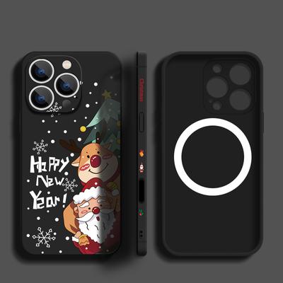 Frohe Weihnachten Elch Weihnachtsmann Muster Slim Matte Hülle Für iPhone 16E 15 Pro Max 14 13 12 Pro 11 Lanyard Weich Stoßfest für Magsafe Magnetische Handyhülle