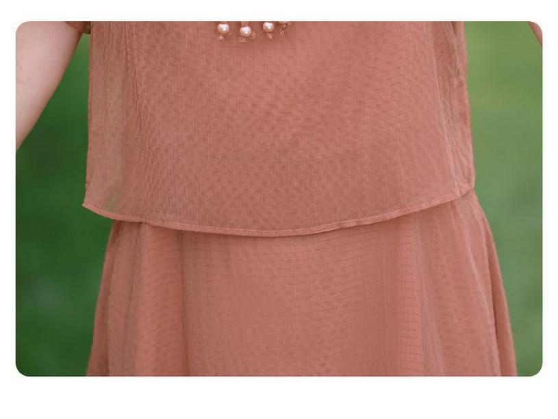 Chinese Inspired Two-Piece Short Sleeve Dress for Middle-Aged & Elderly Women - Summer Solid Color Trendy Mid-Length Skirt