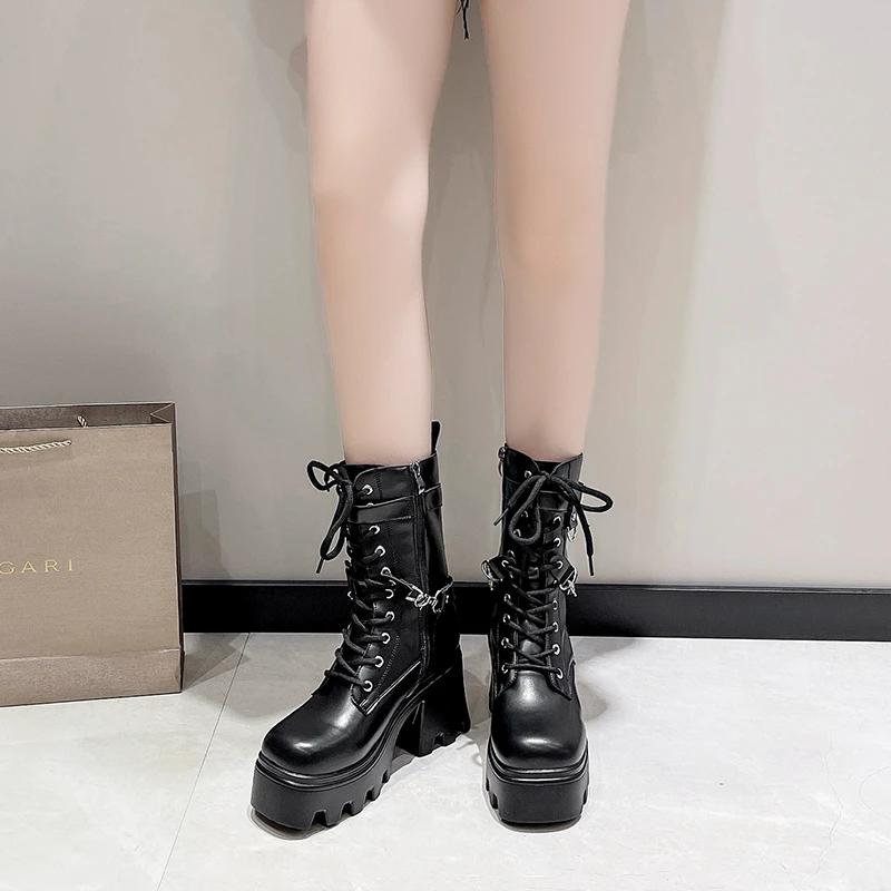 Fashion Comemore Gothic 8.5CM Heeled Platform Women Mid-calf Boots Autumn Winter High Heels Punk Style Women Motorcycle Botines Shoes