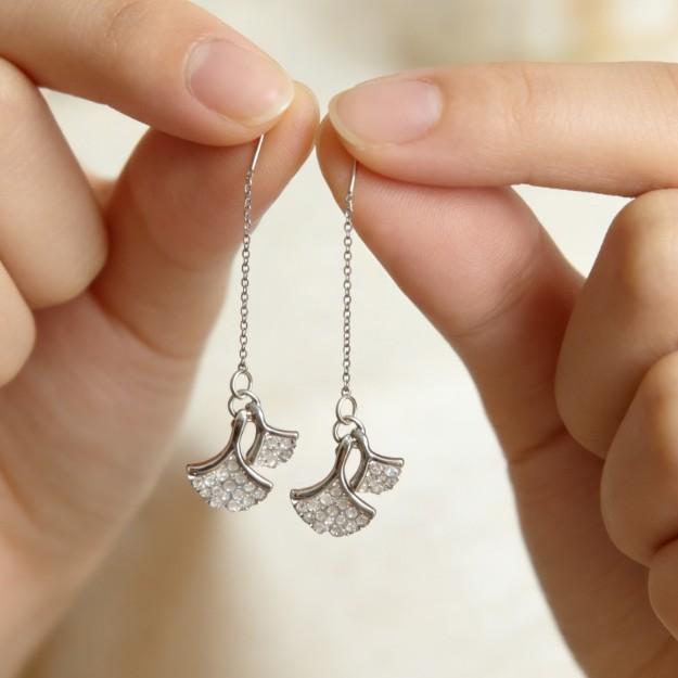 

Full diamond ginkgo biloba fringed ear line high-end earrings design temperament slim long earrings
