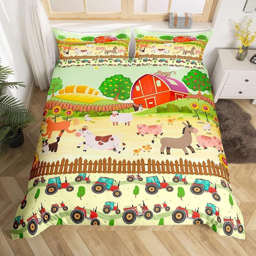 Comforter Cute Cartoon Farm Animal Truck Tractor Bedding Set Farmhouse Country Cozy Comforter For Boys Teen Room Decor