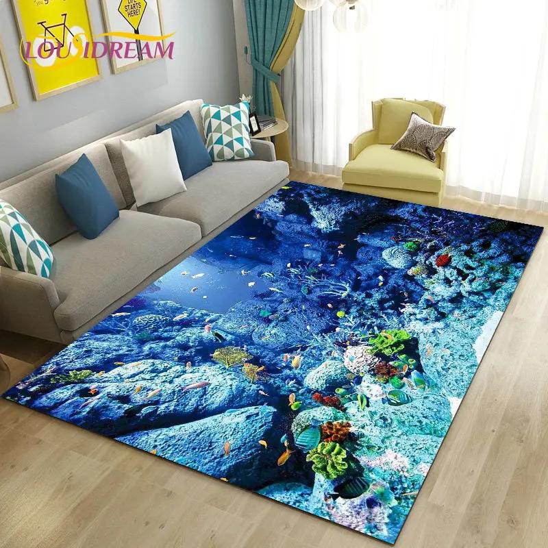 Seabed Illusion Underwater World  Dolphin Shark  Area Rug ,Carpet Rug for Living Room Bedroom Sofa Doormat Non-slip Floor Mat