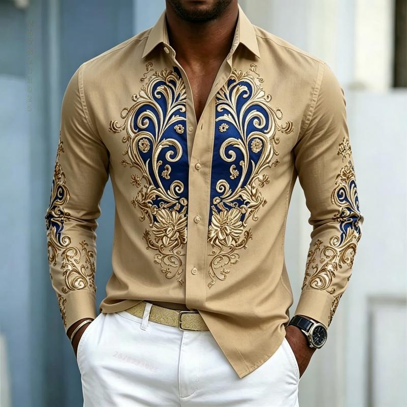 Camicia da uomo, top a maniche lunghe stile palazzo di lusso leggero, top con design a contrasto blu oro, abbigliamento uomo business casual