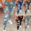 Women Jeans Ripped Hole Stretchy Summer Slim-fitting All Match Denim Pants for Daily Wear
