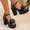 Fashion Bowtie Super High Heels Sandals for Women Shiny Crystal Chunky Platform Sandals Ankle Buckle Thick Sole Square Heeled Shoes