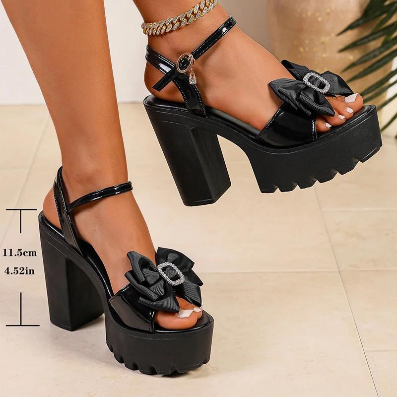 Fashion Bowtie Super High Heels Sandals for Women Shiny Crystal Chunky Platform Sandals Ankle Buckle Thick Sole Square Heeled Shoes