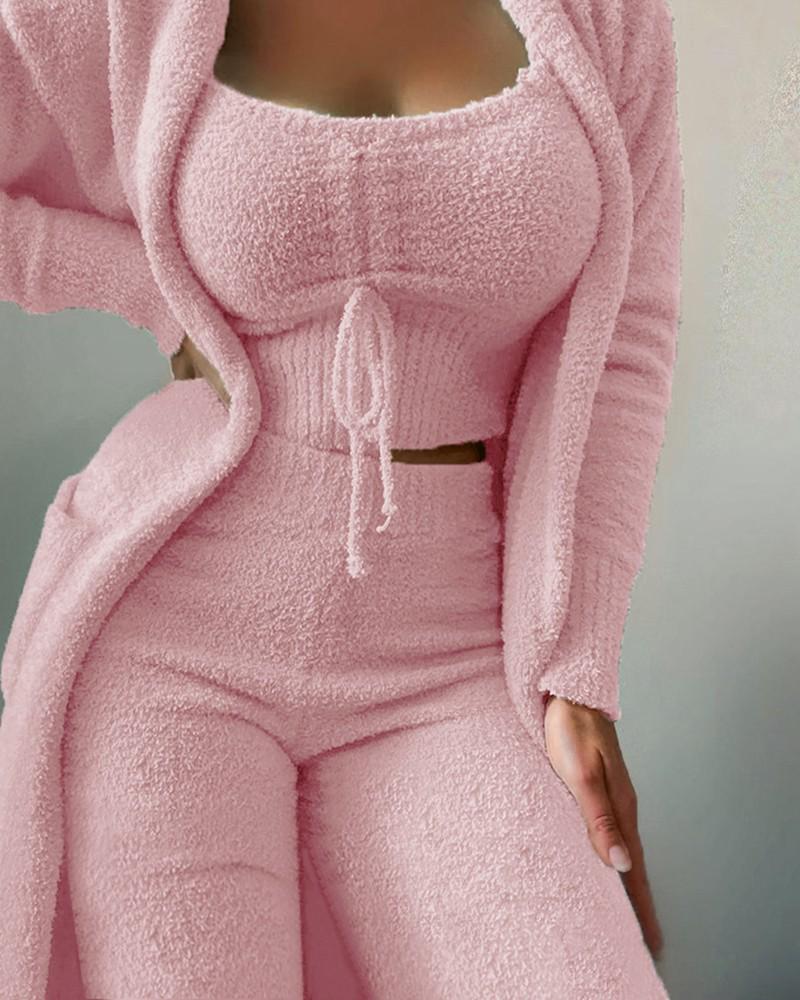 2026 Women's Plush Three-Piece Lace-Up Pajama Set - Casual Home Wear