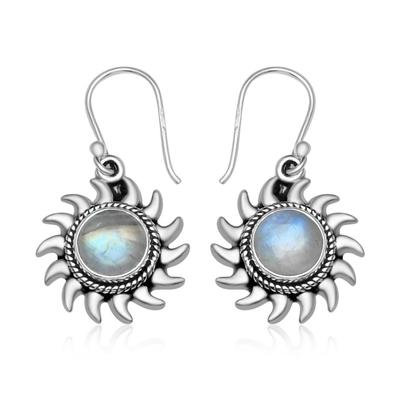 Natural Rainbow Moonstone 8 Mm Round Gemstone 925 Sterling Silver Boho Sun Drop Dangle Earring For Women & Girls