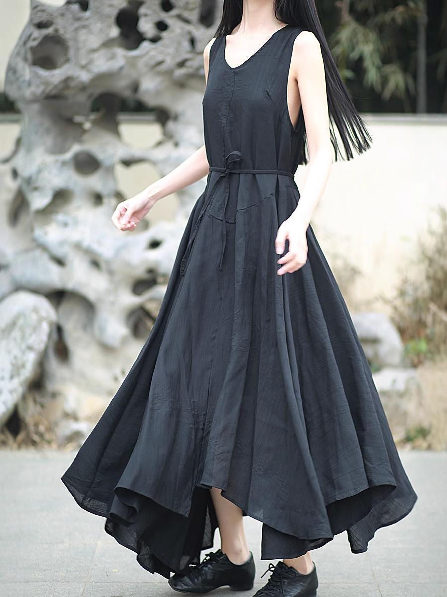 

Johnature Women Irregular Solid Color Casual Dress Summer O-Neck Sleeveless Belt Soft Female Dress One Size чорний