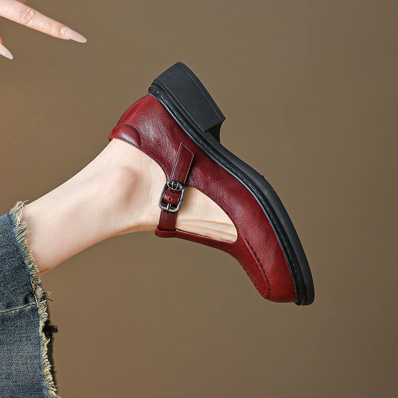 Krazing Pot Sheepskin Round Toe Size 42 Thick Med Heels Slip on Platform Gladiator Metal Buckle Autumn Pumps
