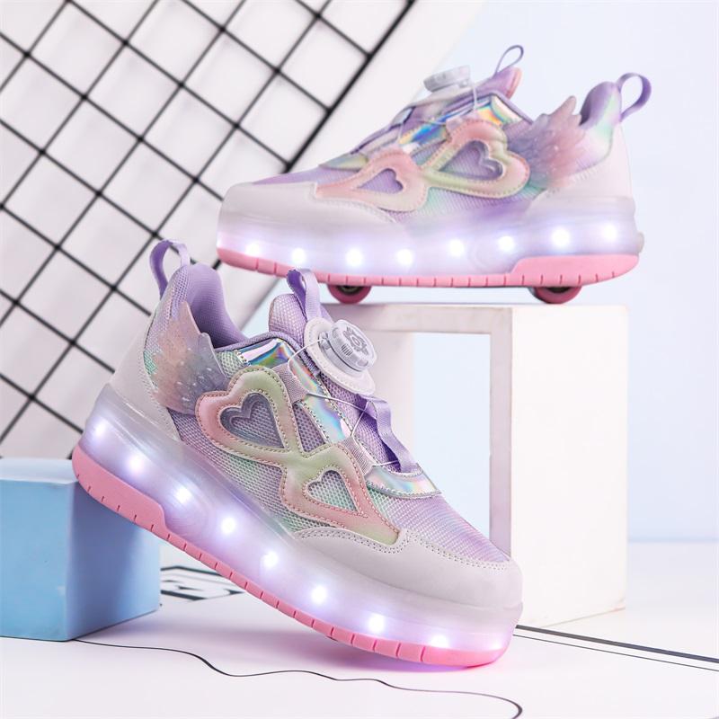 Kid's Lights Sports Shoes Rubbing Shoes Solid Magic Patch Can Charging Double-row Four-wheel Slide Shoes