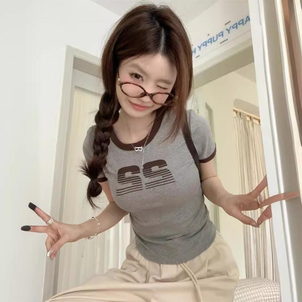 Women's Crew Neck Short Sleeve Letter Graphic Tee Slim Fit Retro American Contrast Trim Cropped T Shirt Y2K Summer Casual Top