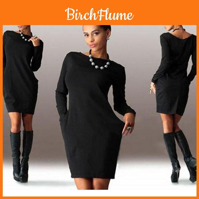 Elegant Summer Solid Casual O Neck Long Sleeve Bodycon Dress With Pockets