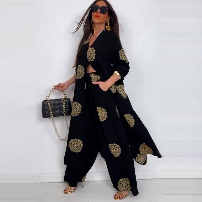 Completo Robe Lunga Vintage Stampata Larga da Donna Primavera Estate Casual Camicia a Bottoni Bluse Pantaloni a Gamba Larga Outfit Due Pezzi Oversize