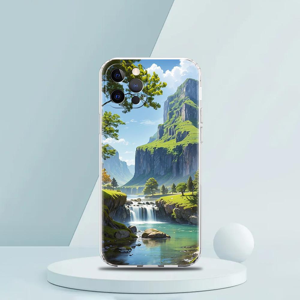 For iPhone 15 16 14 13 12 mini 11 Pro Max XS X XR SE 7 8 Plus Silicone Clear Cover Landscape Art Luxury Phone Case