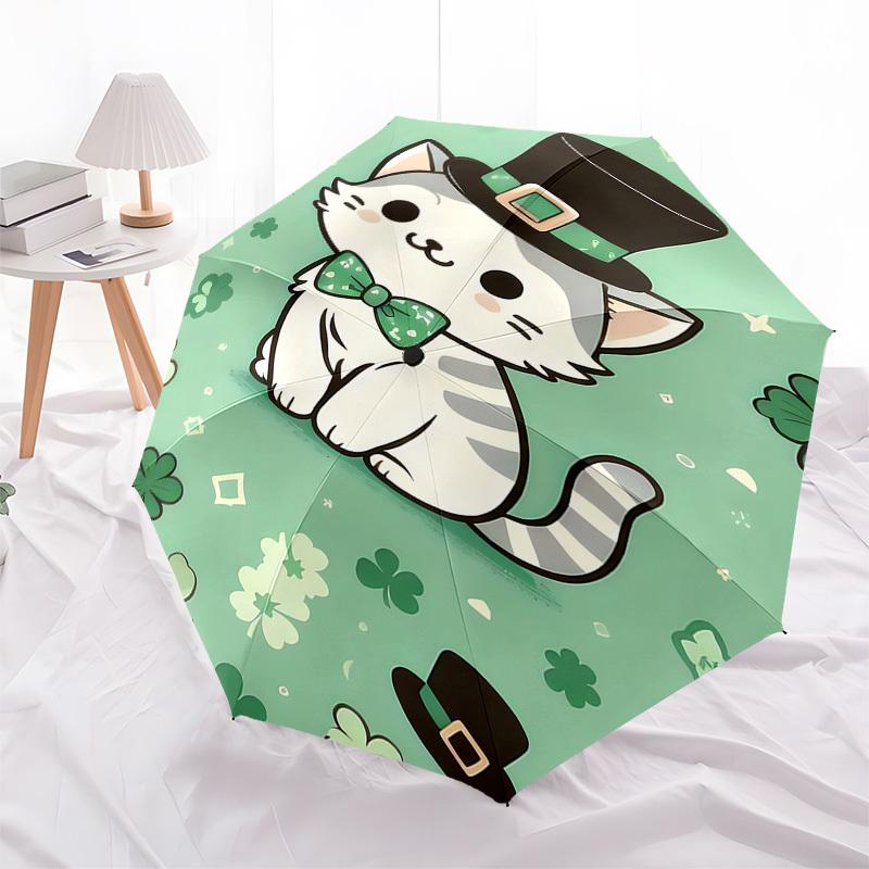 1pc cat shamrock umbrella automatic open/close, 8-Rib Durable Frame, Compact Folding Design, Ideal Birthday/Holiday Gift 1150A