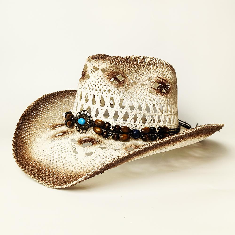 Sombrero de paja hueco Sombreros de vaquero de paja Sombreros de sol de fieltro occidentales para la playa Gorra de fiesta para hombre mujer Caqui Verano Sombrero de paja Jazz
