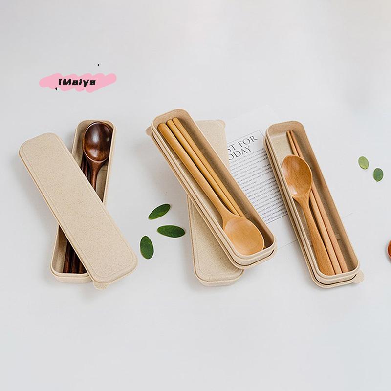 1 Set Handmade Natural Wooden Dinner Kit with Spoon Fork Chopsticks - Kitchen Accessories Storage Box