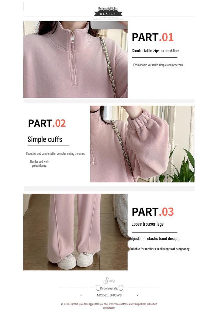 In-Stock Winter Maternity Wear: Thickened, Loose, Double-Sided Coral Fleece Set - 2025 Korean Style Casual Maternity Outfit