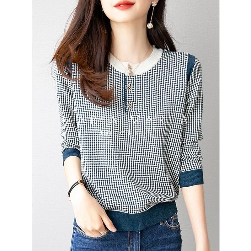 [MARIA MARFA] ladies tops spring knit check pattern wind adult office casual fashionable neat and clean Neat clothes l blue 5S-M06-BLL