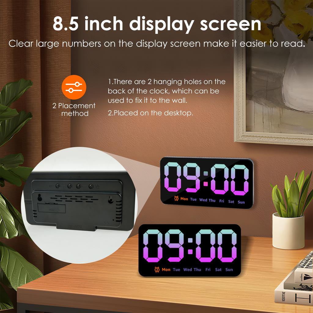 Digital Wall Clock 8.5 Inch Large Display LED Alarm Clock with Date Week Temperature Dual Alarm 3 Levels Brightness Adjustable