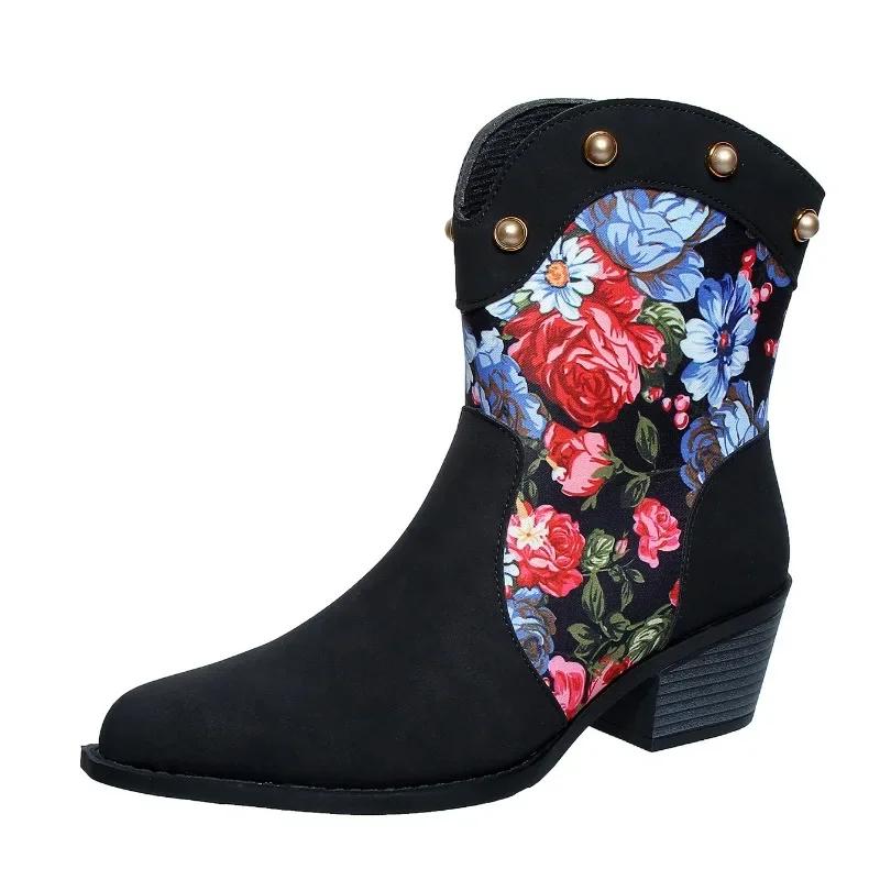 2024 Hot Sale Women's Shoes Slip-on Women's Boots Fashion Printing Modern Boots Women Sexy Pointed Toe Rivet Mid-Calf Boots