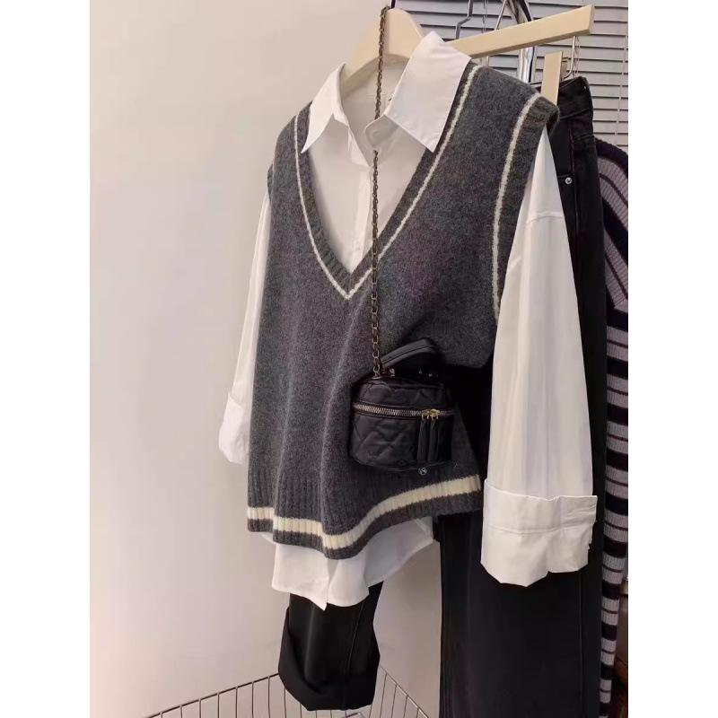 

Autumn/Winter 2025 Retro Color Block V-Neck Vest with Contrast Trim 5XL серый