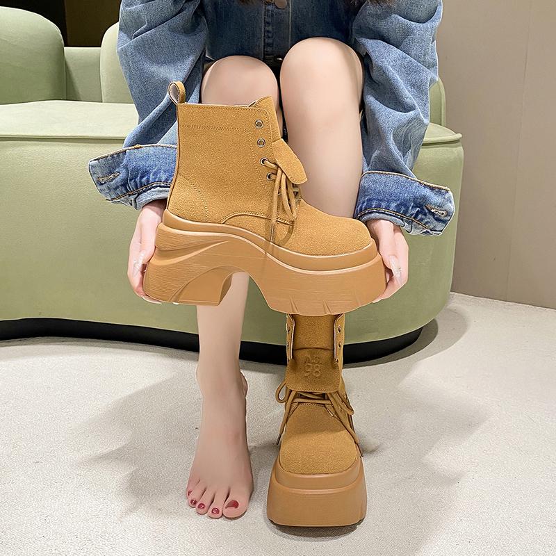 Mode Neue Damen High Platform Stiefeletten Herbst Winter Chunky Punk Schuhe Sneakers Frau Wildleder Motorradstiefel Mujer 9.5CM