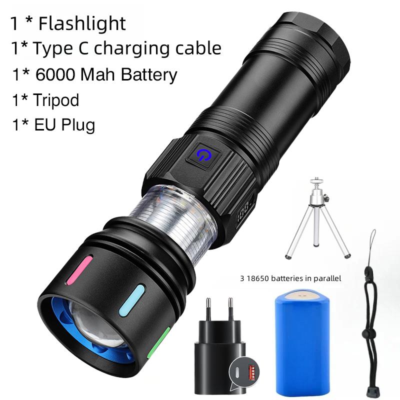 Super Bright 7070 LED Flashlight USB Rechargeable Tactical Zoom Flashlights with Red Yellow White Blue Light Spotlights Torch