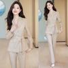 Women's Beige Suit Set - Spring/Autumn Light Luxury Wide-Leg Pants Professional Formal Wear Petite Casual Blazer.