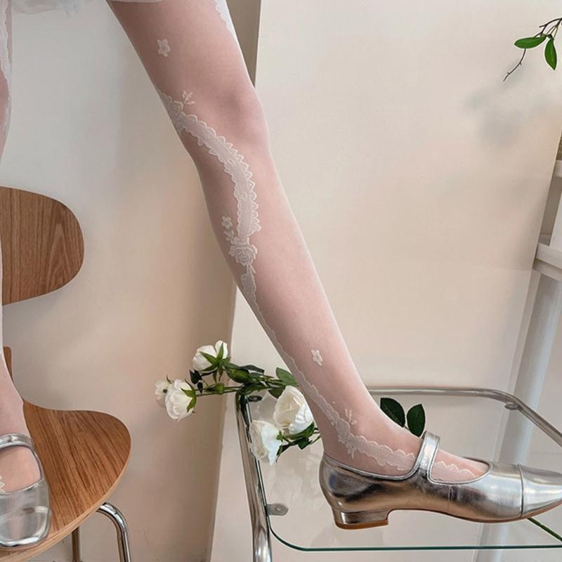 Sexy See Through Tight Pantyhose for Women-Lolita Floral Stockings High Elasticity Leggings Japanese Style Stockings Ins