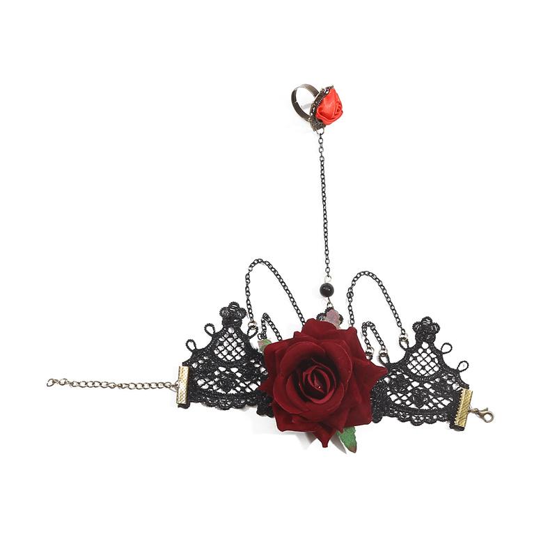 Braccialetto da donna Halloween Anello Vintage Gotico Pizzo Nero Braccialetto Braccialetto Fiore Rosso Ciondolo Steampunk Pizzo Catena Nera Nappa Bracciale Anelli Per Ragazze