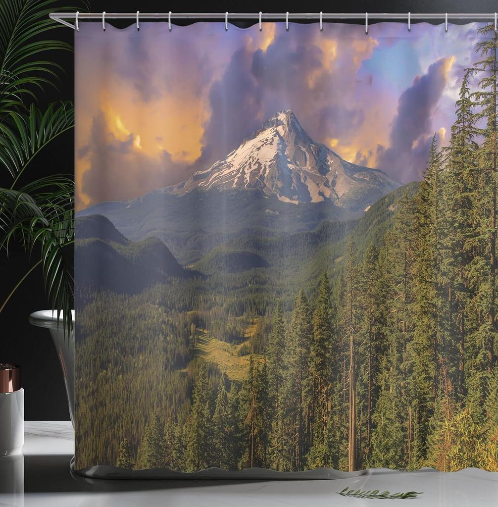 Mountain Landscape Shower Curtain Snowy Peak Forest Nature Decor Linen180X210
