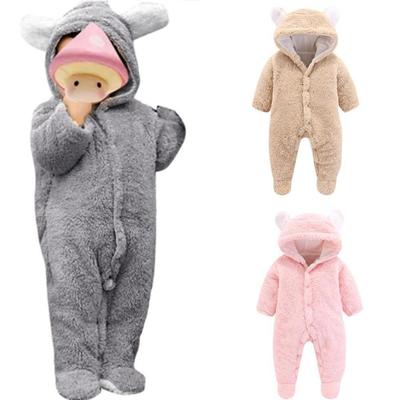 Newborn Baby Boy Winter Fleece Jumpsuit Solid Hooded Romper Warm Coat Outwear