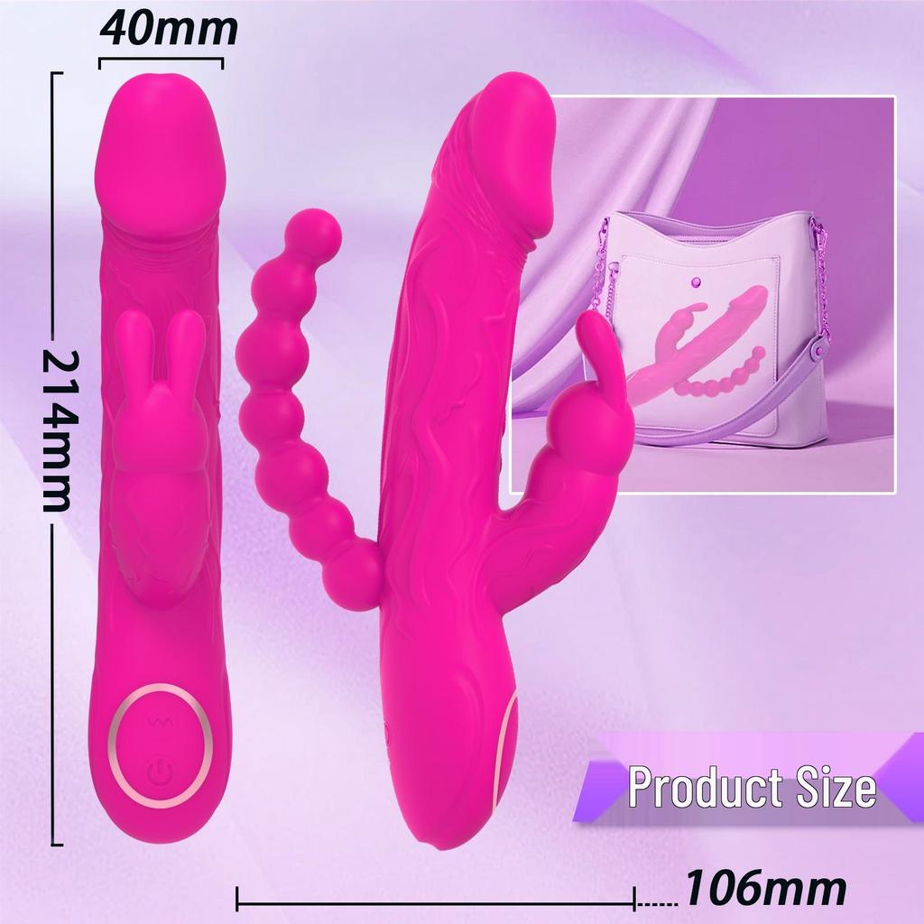 Triple-Motor Rabbit Vibrator with 10 Vibration Modes for G-Spot, Clitoral, and Nipple Stimulation with Anal Beads Massage