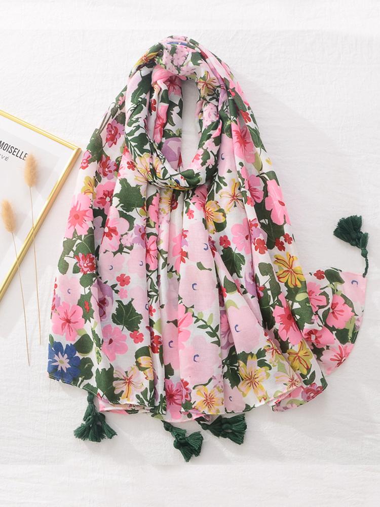 Cotton Linen Women Silk Scarf Soft Floral Tassel Shawl Foulard Femme Mujer Pareo Muffler Bufanda Stoles Hijab Bandana Summer
