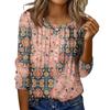Women's Round Neck Pull Stripe Decorative Button Top Casual Solid Color 3/4 Sleeve T Shirt