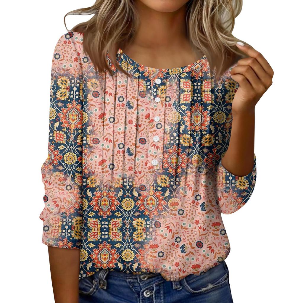 Women's Round Neck Pull Stripe Decorative Button Top Casual Solid Color 3/4 Sleeve T Shirt