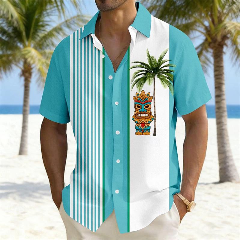 Summer Men s Hawaiian Style Short-Sleeve Shirt, Coconut Tree Print Striped Patchwork Casual Fashion Shirt, Comfortable Fabric S