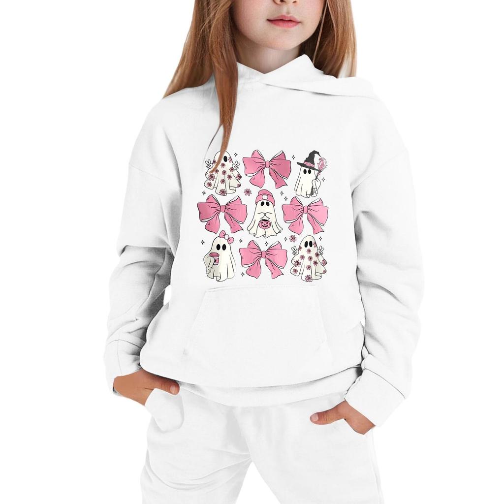 Kids Halloween Hoodie Pullover Sweatshirt with Ghost and Bow Print Long Sleeve Casual Top for Boys Girls