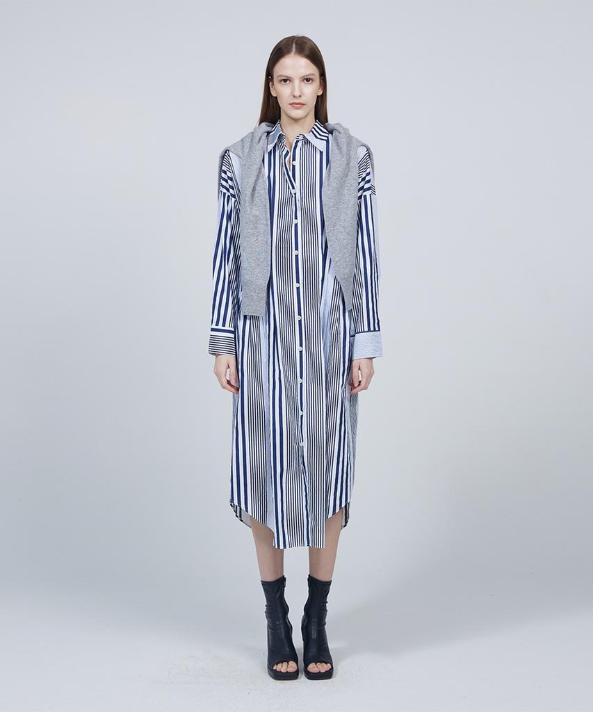 Meuameu [Essential] Side Pleated Stripe Shirt Dress