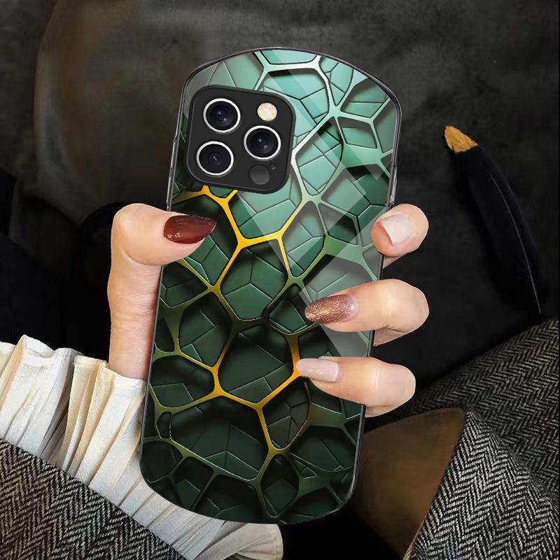 Cool Honeycomb Color For Iphone 11 12 13 14 15 16 Pro Max Plus Mini 7 8 Se 2020 X Xs Xr Elliptical Tempered Glass Phone Case