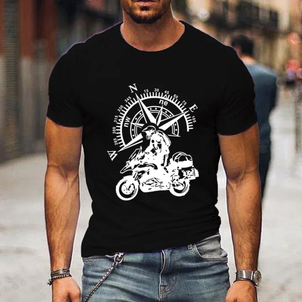 Funny Motorbike T-Shirt Men's Mountain Adventure T Shirt Hip Hop Streetwear Short Sleeve Top Motorcycle Travel Compass Tshirt