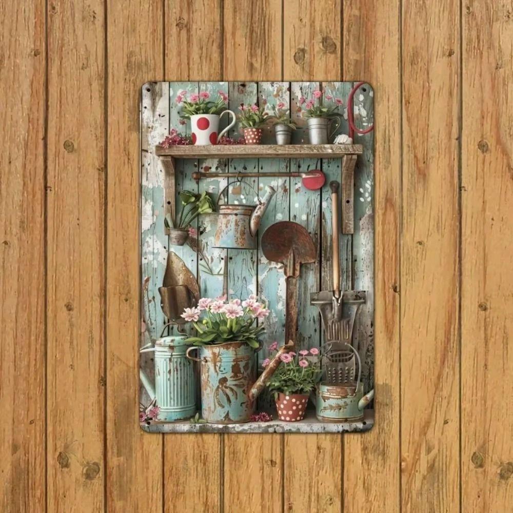 Metal Wall Art Blue Wooden Background Garden Tool Decor for Home Bar Cafe Garage